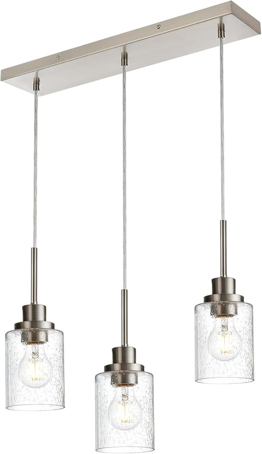 3-Light Farmhouse Chandelier Light Fixture Brushed Nickel Clear Seeded Glass Dining Room Hanging Modern Pendant Lighting Over Table,Traditional Ceiling Lights for Kitchen Island Entryway-CasaMuseHome