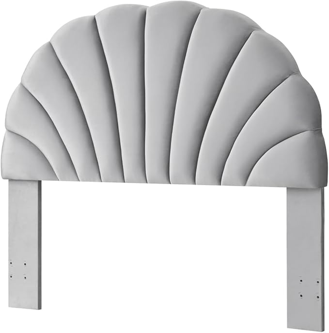 24KF Stunning Crown Design Queen Headboard, Upholstered Soft Velvet Petal Pattern Headboard Queen/Full-Q-Gray-CasaMuseHome