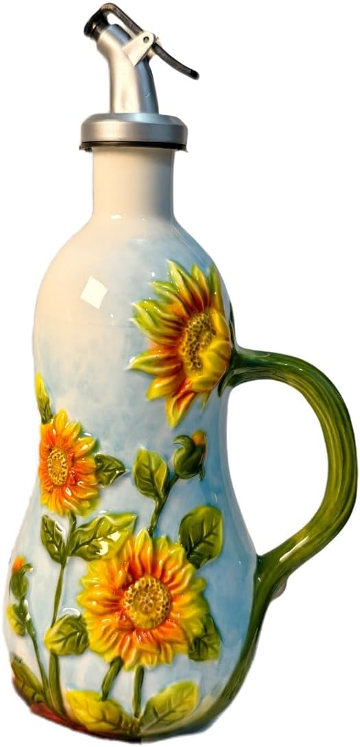 18 Oz Hand Painted Relief Ceramic Olive Oil Bottle Dispenser for Kitchen, Oil and Vinegar Bottle, Seasoning Bottle with Stainless Steel Nozzle, 540mL Oil Container with Handle for Cooking, Light Proof-CasaMuseHome