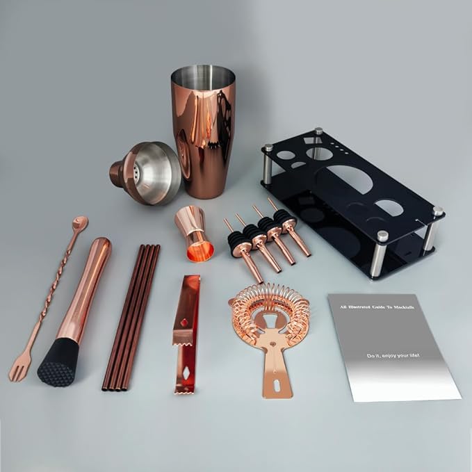 14-Piece Cocktail Shaker Set Bartender Kit with Black Stand, Bar Tool Set for Drink Mixing Bartending Kit Bar Sets Accessories: 750ml(25oz) Shaker, Jigger, Muddler, Cocktail Recipes (Rose Gold)-CasaMuseHome