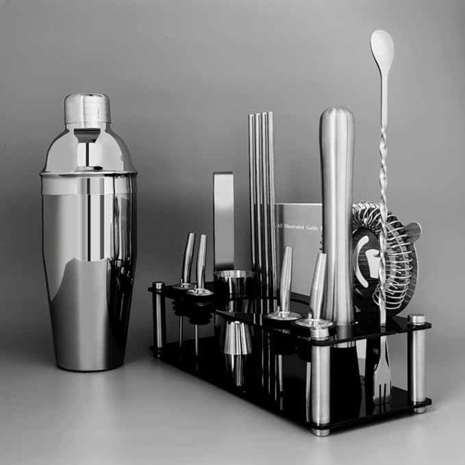14-Piece Cocktail Shaker Set Bartender Kit with Black Stand, Bar Tool Set for Drink Mixing Bartending Kit Bar Sets Accessories: 750ml(25oz) Shaker, Jigger, Muddler, Cocktail Recipes (Silver)-CasaMuseHome