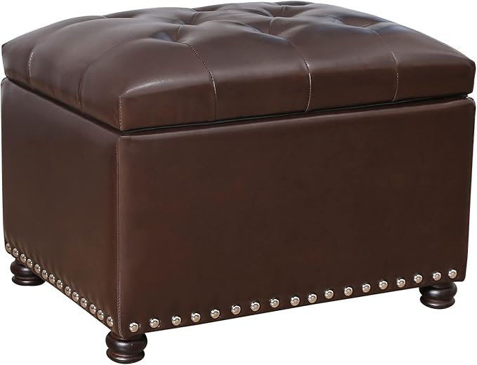 24'' Leather Storage Ottoman Rectangular Foot Rest Stool with Nailhead Trim for Bedroom Living Room(Dark Brown)-CasaMuseHome