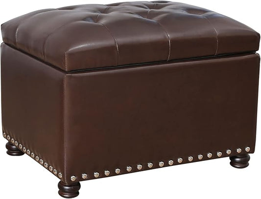 24'' Leather Storage Ottoman Rectangular Foot Rest Stool with Nailhead Trim for Bedroom Living Room(Dark Brown)-CasaMuseHome