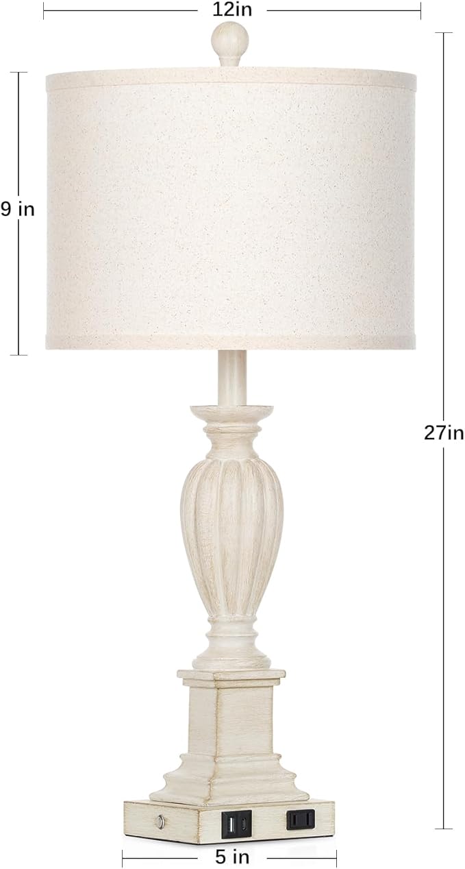 27" Farmhouse 3 Way Dimmable Touch Table Lamp Set of 2 Rustic Classic Bedside Nightstand Wood Lamps for Living Room Bedroom with USB C+A Ports Washed White (2 Bulbs Included)-CasaMuseHome