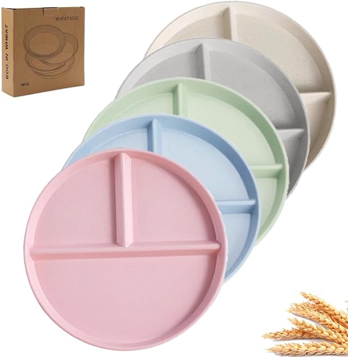 9" Unbreakable Divided Plates Set of 5, Wheat Straw Plate Reusable Dinnerware Portion Control Plates, Round Bariatric Plastic Plate for Kids Adults, BPA-free, Dishwasher Safe-CasaMuseHome
