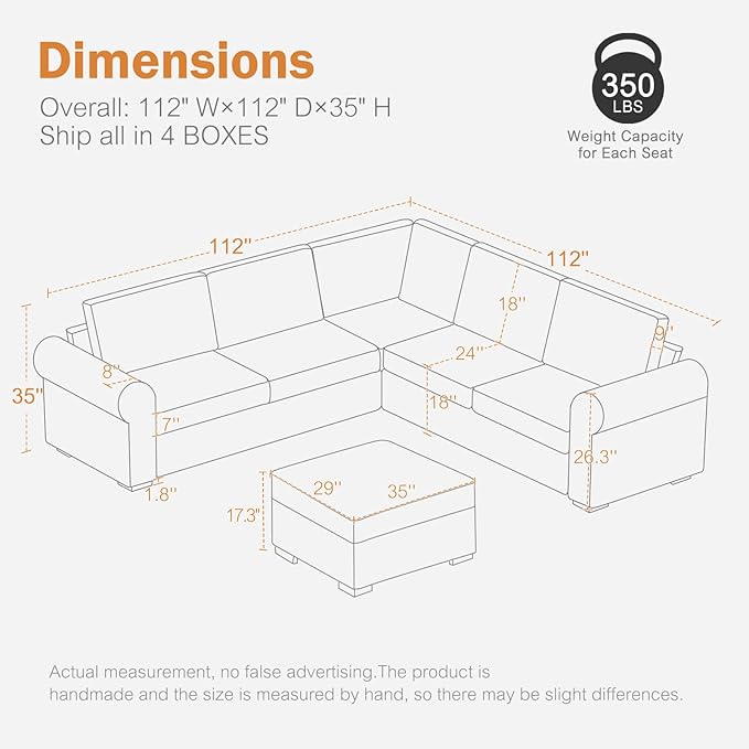 L Shaped Sectional Sofa with Ottoman,Rolled Armrest,Modern Sectional Modular Couch for Living Room,Breathable Linen Fabric Corner Couch with 7 Seats for Apartment,Removable Sofa Cushion,Ivory-CasaMuseHome