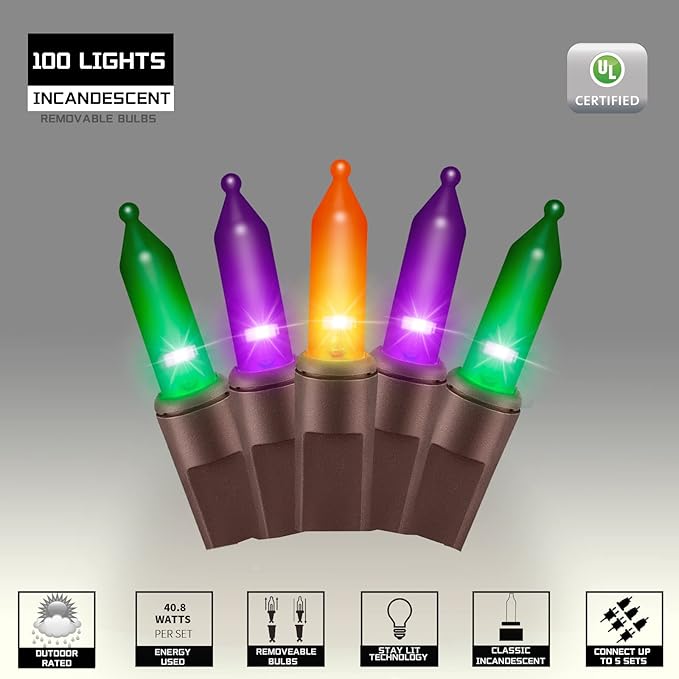 100LIGHTS Orange Purple and Green Extra-Bright with End Connectors Halloween Decorative Lights 5.98m UL Certified Mini String Light Set Waterproof for Halloween Home Garden Tree Party Patio-CasaMuseHome