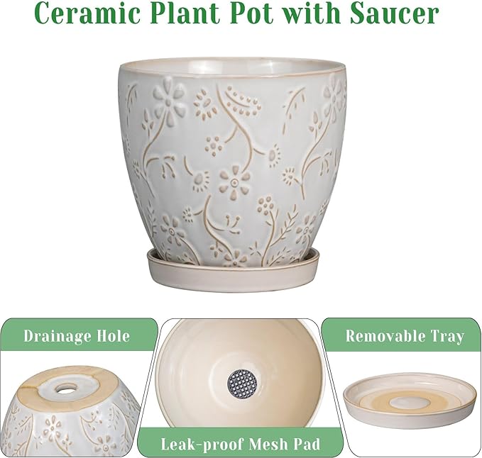 8 Inch Ceramic Pots for Plants Large Planter Pot with Drainage Hole and Saucer Round Flower Pot for Indoor Outdoor Decor, White-CasaMuseHome