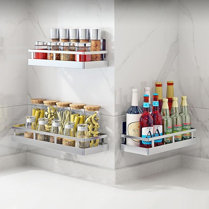 19.69Inch Spice Rack Organizer, SUS304 Stainless Steel Wall Mount Spice Rack Storage Basket, Kitchen Racks, Nail-Free Installation-CasaMuseHome