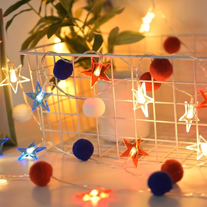 4th of July Decorations 9.85FT Red White and Blue Star String Lights Pom Pom Star Lights Battery Operated with Timer Fairy Lights for Independence Day Memorial Patriotic Fourth of July Decor for Home-CasaMuseHome