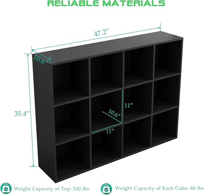 12-Cube Storage Shelf Bookcase - Wooden 3-Tier Floor Standing Open Bookshelf for Home and Office, Display Cabinet, Black-CasaMuseHome