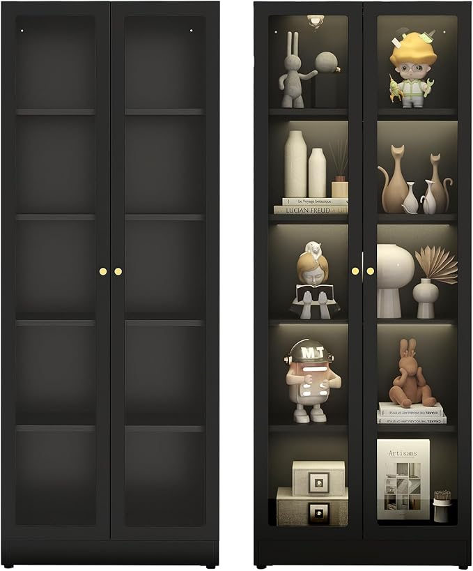 5 Tier Metal Curio Cabinets, Modern Bookshelf Cabinet with 4 Adjustable Shelves, Cabinet Display Case for Home Office, Living Room, Pantry (Black-27.5W)-CasaMuseHome