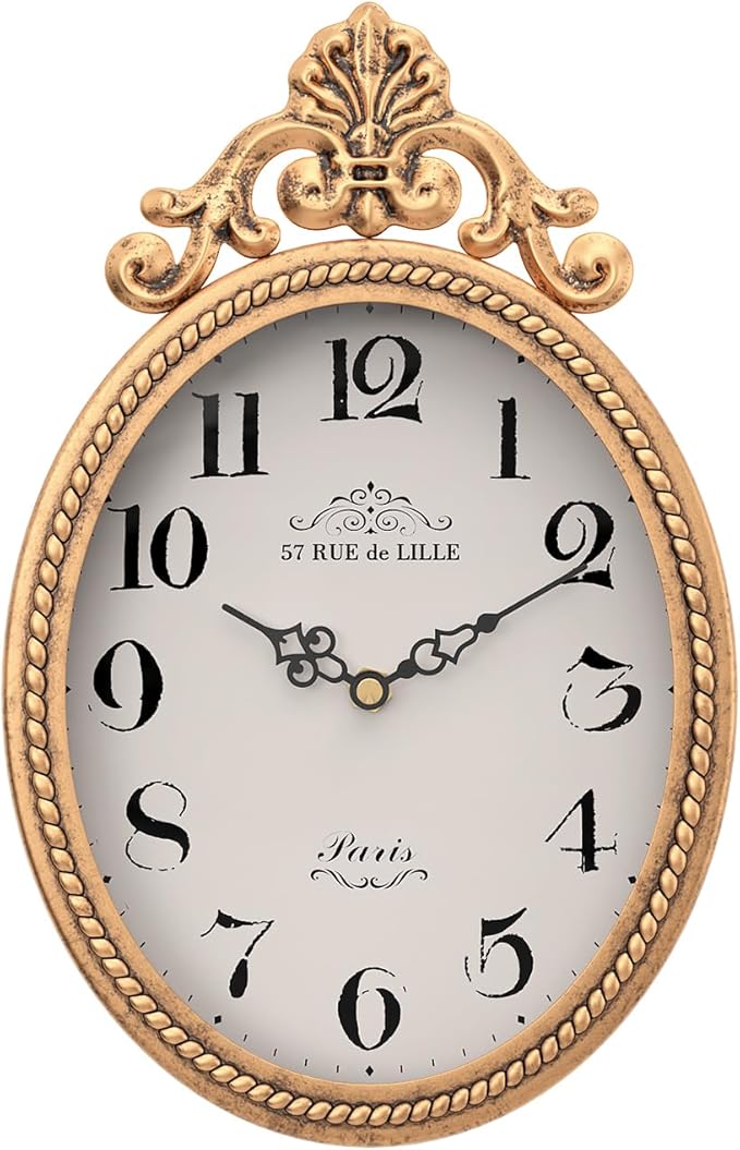 Abdurey Small French Retro Decorative Wall Clock, Antique Gold Vintage Oval Style,Silent Battery Operated Boho Decor Wall Clocks for Farmhouse,Kitchen,Bedroom,Bathroom(10.4" H x 6.7" W)-CasaMuseHome