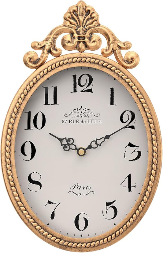 Abdurey Small French Retro Decorative Wall Clock, Antique Gold Vintage Oval Style,Silent Battery Operated Boho Decor Wall Clocks for Farmhouse,Kitchen,Bedroom,Bathroom(10.4" H x 6.7" W)-CasaMuseHome