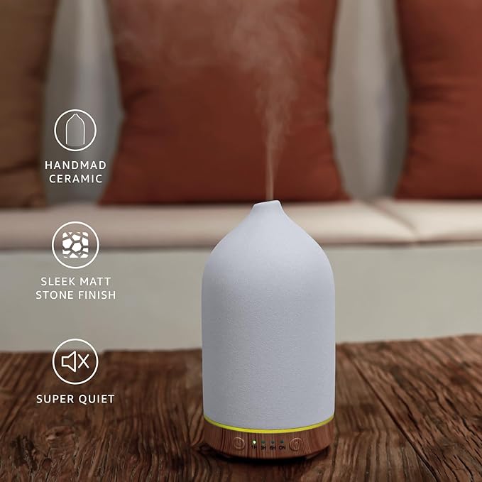 200ML Ceramic Essential Oil Diffuser - Ultrasonic Aromatherapy & Humidifier with 7-Color LED Lights, Auto Shut-Off, Wood Grain Base, 1H/3H/6H Timer | Scent for Home, Office, Yoga-CasaMuseHome