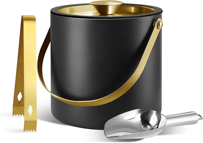 2L Ice Bucket with Silicone Lid, Scoop, Gold Tongs & Strainer, Stainless Steel Double Wall Insulated Ice Buckets for Parties & Cocktail Bar Outdoor Champagne Ice Container Bin, Black-CasaMuseHome