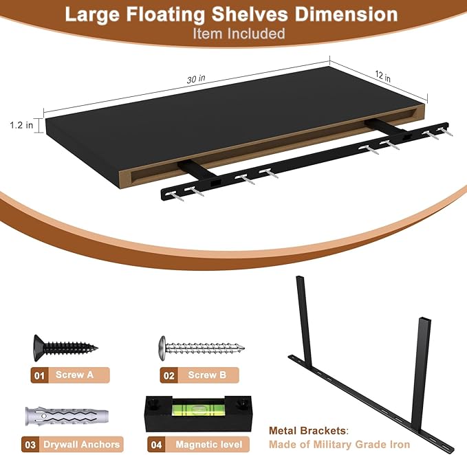 12 Inch Deep Floating Shelves for Wall 1 Pack Floating Shelves Large Storage Space Wall Mount Shelf for Living Room Kitchen Bathroom 30" W x 12" D x 1.2" H Black-CasaMuseHome