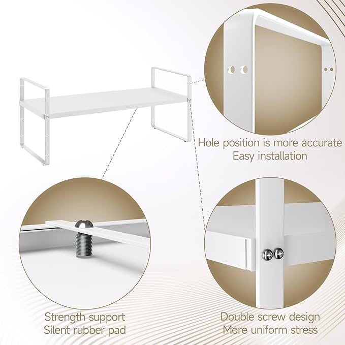 16.5~27.1" Expandable Shelf Organizer, 2Pack 8.1" Wide Stackable Cabinet Shelf Organizers, White Metal Sturdy Kitchen Counter Storage for Countertop, Adjustable Height Spice Rack-CasaMuseHome