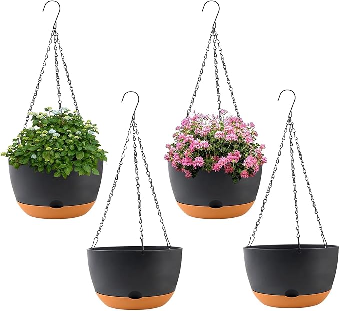 4 Pack Plastic Hanging pots for Plants Indoor,8 Inch Plant Pot Indoor Outdoor Hanging Baskets,Hanging Flower Pots with Drainage Holes and Chain for Garden Porch Plants(Black)-CasaMuseHome