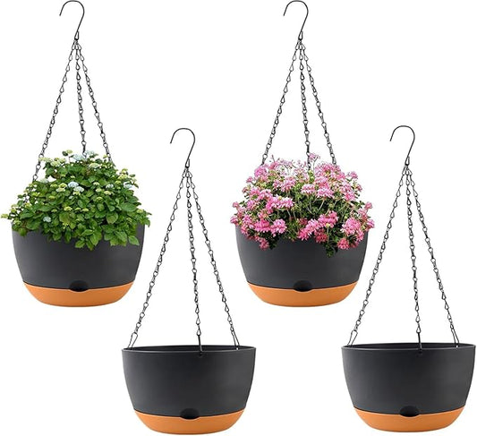 4 Pack Plastic Hanging pots for Plants Indoor,8 Inch Plant Pot Indoor Outdoor Hanging Baskets,Hanging Flower Pots with Drainage Holes and Chain for Garden Porch Plants(Black)-CasaMuseHome