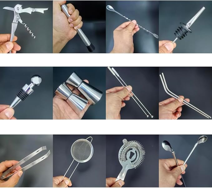 22-Piece Cocktail Shaker Set, 25/20oz Bartender Kit, Bartending Stainless Steel Bar Tools Sets for Drink Mixing, Boston Cocktail Shakers with Stand Recipes Booklet (Black-25-20oz)-CasaMuseHome