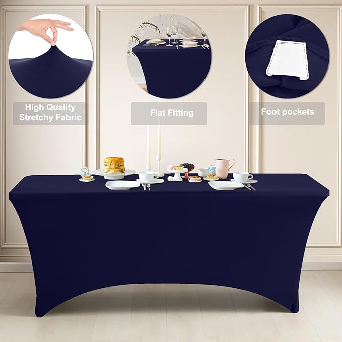 ABCCANOPY 2 Pack 6 FT Navy Spandex Table Cover Stretch Fitted Wrinkle Resistant Tablecloth Reuse for Rectangular Folding Table Patry Event Wedding Banquet Protector-CasaMuseHome