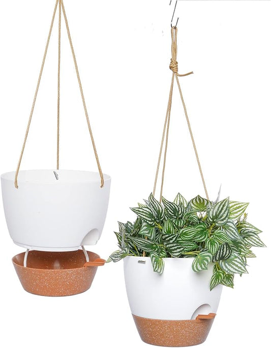 8 inch Hanging Planters, 2 Pack Self Watering Hanging Pots with 20oZ Deep Reservoir for Indoor Outdoor Plants Flowers, White with Brown-CasaMuseHome