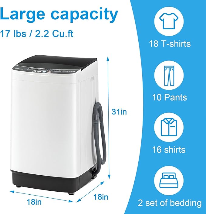 17Lbs Portable Washing Machine with10 Washing Programs, 2.2 Cu. Ft. Full Automatic Washer and Spinner Combo, Compact Laundry Washer Spinner for Apartment RV Dorm (2.2Cu. Ft)-CasaMuseHome