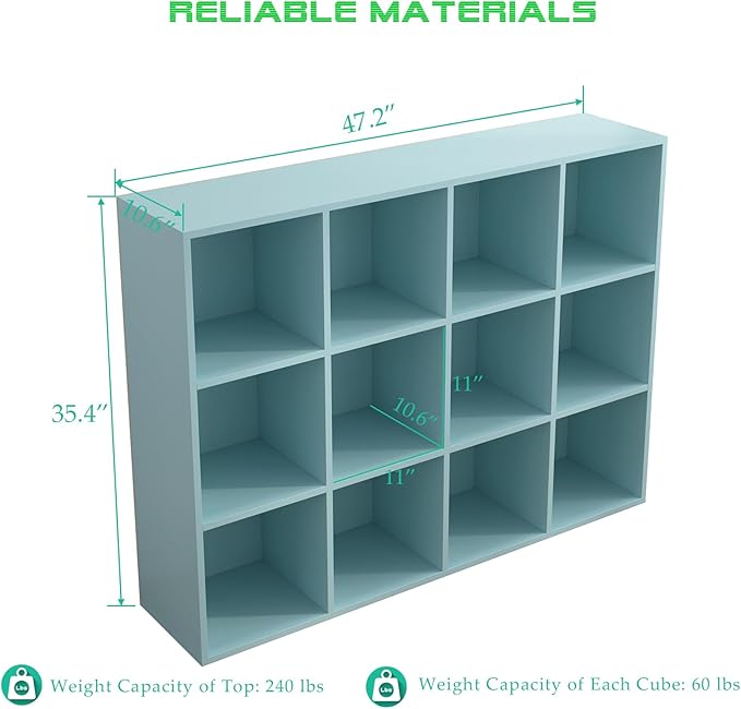 12-Cube Storage Shelf Bookcase - Wooden 3-Tier Floor Standing Open Bookshelf for Home and Office, Display Cabinet, Light Blue-CasaMuseHome