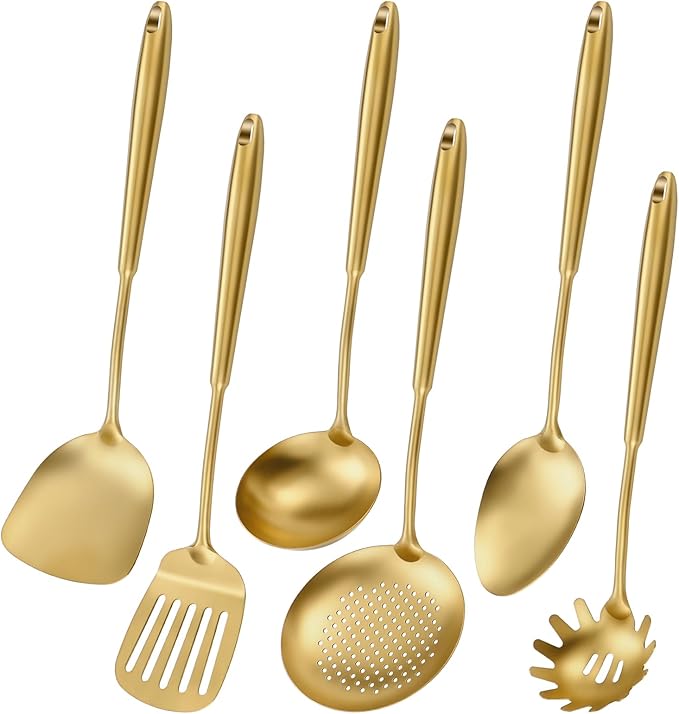 304 Stainless Steel Cooking Utensils,6 Pcs Kitchen Cooking Utensils Set with Spatula, Solid Spoon, Ladle, Skimmer, Spaghetti Spoon,Dishwasher Safe(Gold)-CasaMuseHome
