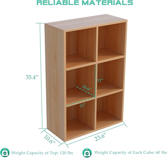 6-Cube Storage Shelf Bookcase - Wooden 3-Tier Floor Standing Open Bookshelf for Home and Office, Display Cabinet, Oak-CasaMuseHome