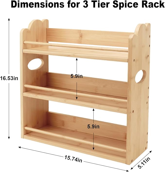3 Tier Bamboo Spice Rack, Spice Rack Organizer, Seasoning Jars Rack Shelf Spice Organizer for Kitchen Counter or Wall Mounting, Bamboo Spice Storage Holder with handles Easy to Move-CasaMuseHome