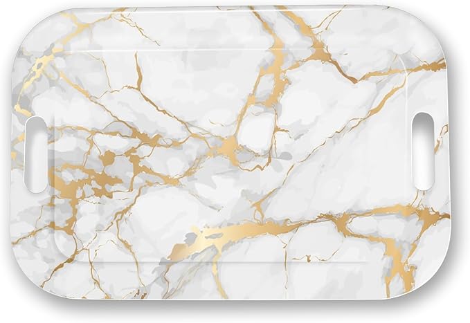 Serving Trays with Handles, 14.5 x 9.8 inch Rectangular Plastic Tray for Restaurant, Kitchen, Golden White Marble-CasaMuseHome