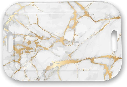 Serving Trays with Handles, 14.5 x 9.8 inch Rectangular Plastic Tray for Restaurant, Kitchen, Golden White Marble-CasaMuseHome