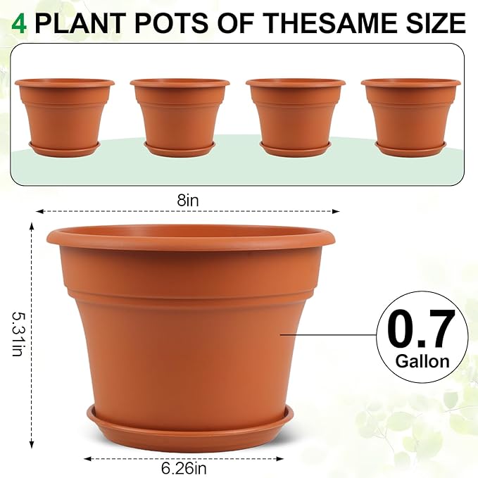 8 Inch Plastic-Flower Pot-for-Indoor Plants, 4 Pack Large Outdoor Planter Pot with Drainage Holes & Saucers, Resin Decorative Garden Pots Planters-CasaMuseHome