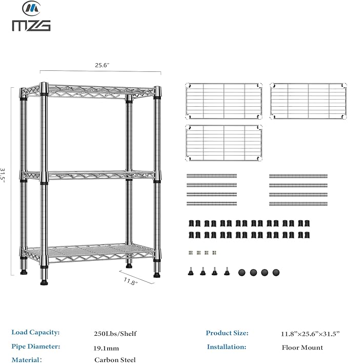 750 lbs 3 Tier Shelf Metal Storage Shelves Wire Rack Closet Organizers for Garage Kitchen Bathroom Laundry Chrome 11.8" D x 25.6" W x 31.5" H-CasaMuseHome