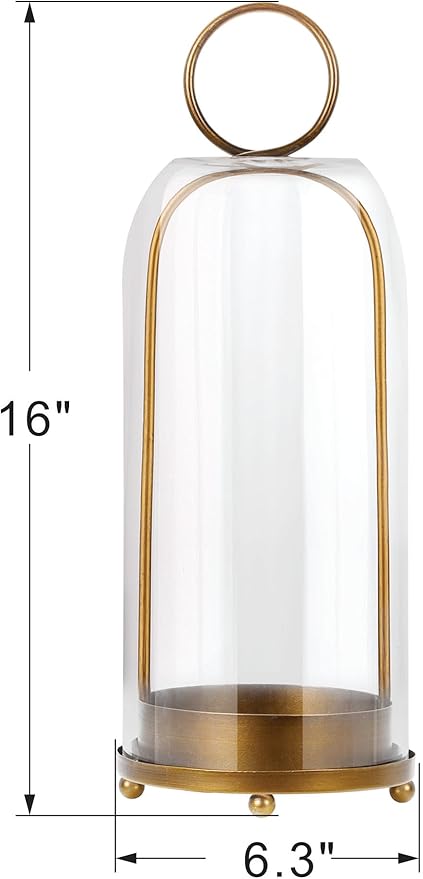 16" High Versatile Modern Metal Hurricane Lantern with Handmade Sturdy Glass Dome for Pillar Candle & Plants (Brass, 6.3"x16.5")-CasaMuseHome