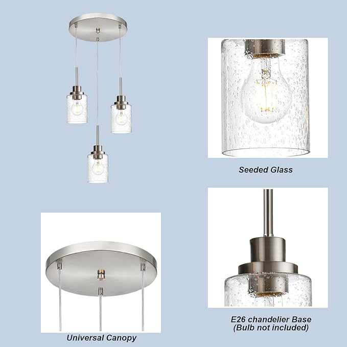 3-Light Contemporary Pendant Lighting with Clear Seeded Glass,Brushed Nickel Dining Room Chandelier Light Fixture Modern Kitchen Island Cluster Hanging Ceiling Pendant Lights for Sink Bar-CasaMuseHome