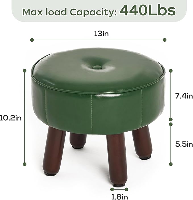 13in Small Foot Stool Ottoman, Round Faux Leather Foot Rest for Couch, Under Desk Pouf Footstool Footrest with Non-Skid Rubber Legs for Ling Room, Bedroom, 13''L x 13''W x 10.2''H, Green-CasaMuseHome