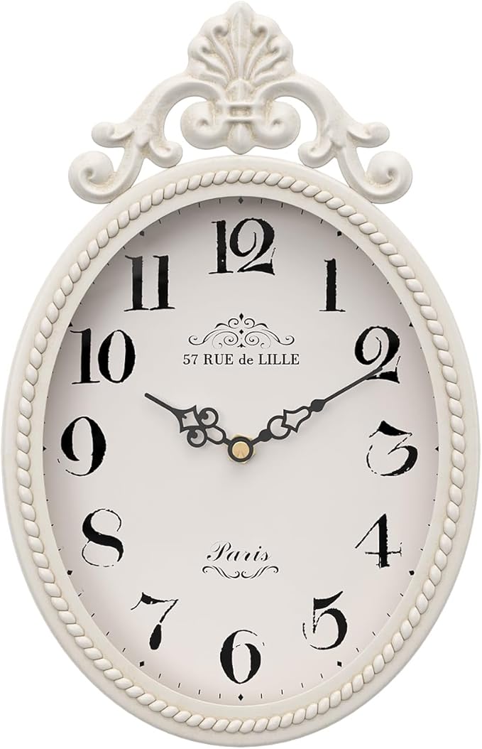 Abdurey Small French Retro Decorative Wall Clock, Ivory White Vintage Oval Style,Silent Battery Operated Boho Decor Wall Clocks for Farmhouse,Kitchen,Bedroom,Bathroom(10.4" H x 6.7" W)-CasaMuseHome
