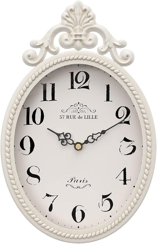 Abdurey Small French Retro Decorative Wall Clock, Ivory White Vintage Oval Style,Silent Battery Operated Boho Decor Wall Clocks for Farmhouse,Kitchen,Bedroom,Bathroom(10.4" H x 6.7" W)-CasaMuseHome