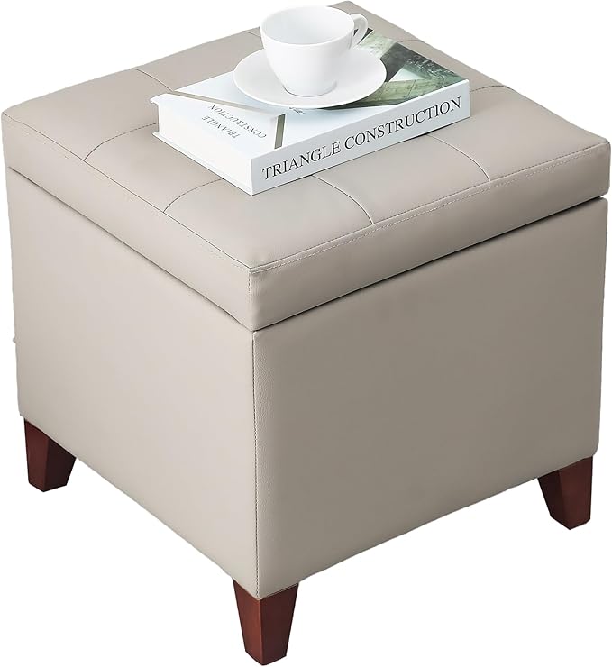 Adeco 18" PU Storage Ottoman, Upholstered Square Faux Leather Foot Rest - Flip Top Footstool with Sturdy Wood Legs, Small Cube Coffee Table Extra Seat for Living Room, Bedroom, Elephant Grey-CasaMuseHome