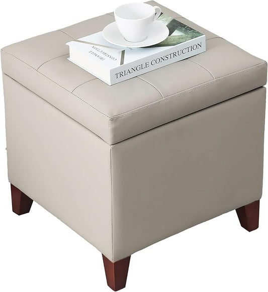 Adeco 18" PU Storage Ottoman, Upholstered Square Faux Leather Foot Rest - Flip Top Footstool with Sturdy Wood Legs, Small Cube Coffee Table Extra Seat for Living Room, Bedroom, Elephant Grey-CasaMuseHome