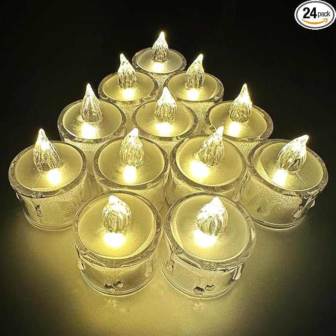 24-Pack Crystal Flameless Tea Lights – Battery Operated LED Candles with Realistic Flicker for Easter Decorations, Wedding Centerpieces, Halloween Party & Holiday Gift Box (Set of 24)-CasaMuseHome