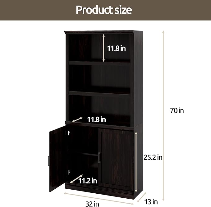 70 Inch Tall Bookcase with Doors, Library Office Bookshelf with Adjustable Shelves, Floor Standing Storage Cabinet for Bedroom Living Room Organizer with Anti Tipping Kit, Dark Cherry Finish-CasaMuseHome