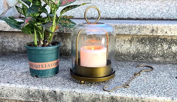5"x7.5" Versatile Modern Metal Hurricane Lantern with Handmade Sturdy Glass Dome for 3" Pillar Candle & Plants (Brass, 5"x7.5" for 3" Pillar)-CasaMuseHome