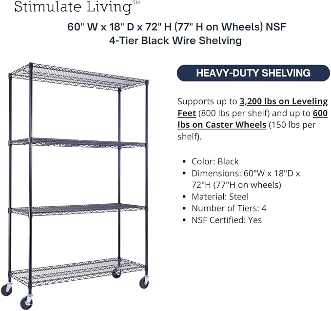 60"x18"x72" Prime Heavy Duty Black 4-Tier Wire Shelving NSF 3200 LBS MAX Capacity Storage Rack for Commercial, Hospital, School, Garage, and Kitchen Uses (with Wheels)-CasaMuseHome
