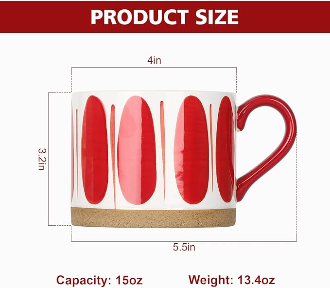 Koja Hand Painted 15 oz. Porcelain Ceramic Mugs Set. Service for 4. (Hand Painted - Red)-CasaMuseHome