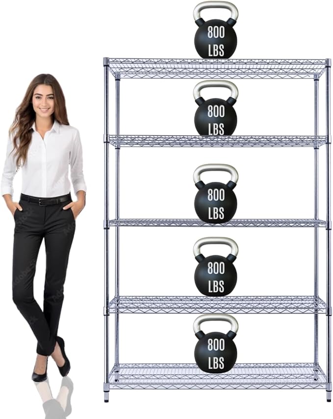 48"x24"x72" Prime Heavy Duty Chrome 5-Tier Steel Wire Shelving NSF 4000 LBS MAX Capacity Storage Rack for Commercial, School, Home, Garage, Warehouse, Industrial, and Hospital Uses (with Wheels)-CasaMuseHome