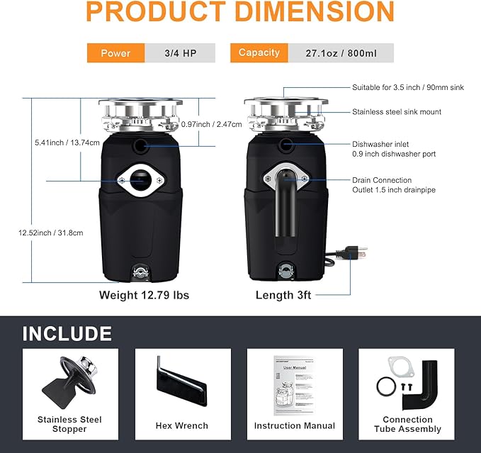 A600 Garbage Disposal 3/4 HP for Kitchen Sink, Food Waste Disposer Fast Continuous Feed Stainless Steel Grind, Quiet, Ease Install, With Power Cord, Powerful Drainage Compact Design 0.75 Horsepower-CasaMuseHome